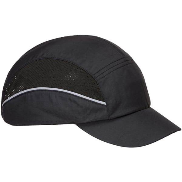 A black bump cap with mesh ventilation and a curved peak. It features a logo on the side.