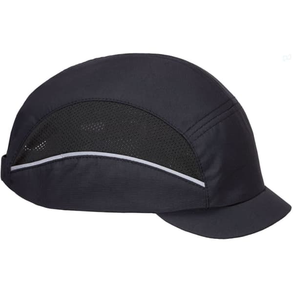 A black bump cap with a micro peak and mesh panels for ventilation, featuring a logo.