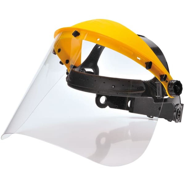 A protective browguard kit featuring a clear visor and a yellow and black adjustable frame. Includes a logo.