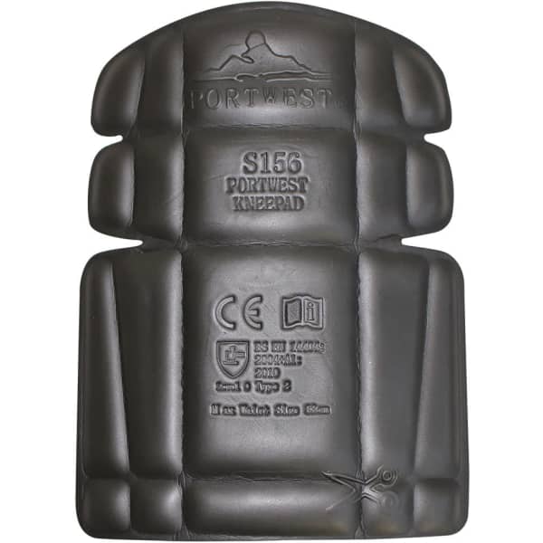 A pair of black knee pads with a contoured design and an embossed logo.