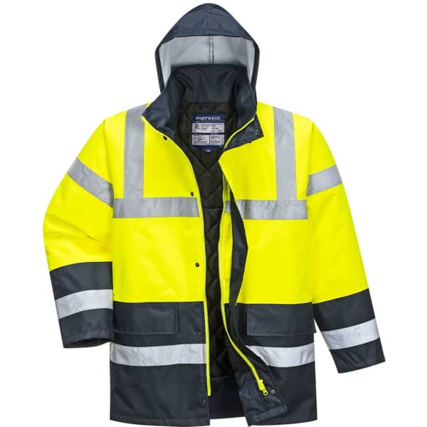 A high-visibility traffic jacket in bright yellow with black accents and reflective stripes, featuring a hood and zippered front.