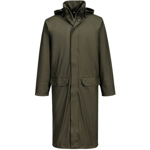 A long coat in olive green with a hood, featuring two front pockets and a buttoned closure. It has a logo on the chest.