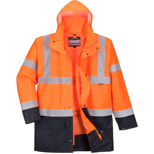 A high-visibility jacket in bright orange with reflective stripes and a black lower section, featuring a hood.