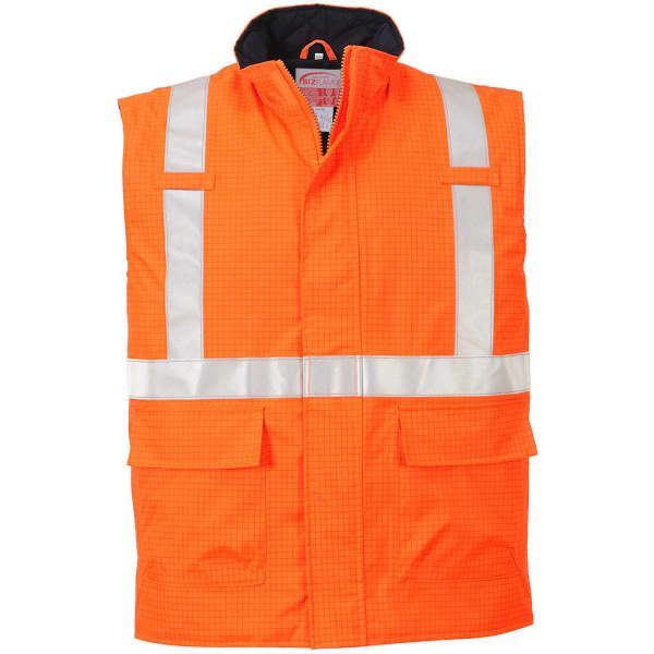 An orange bodywarmer featuring reflective strips and multiple pockets, designed for workwear use.