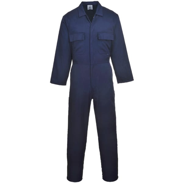 A navy blue Euro Work Boilersuit with long sleeves and two chest pockets, featuring a logo.