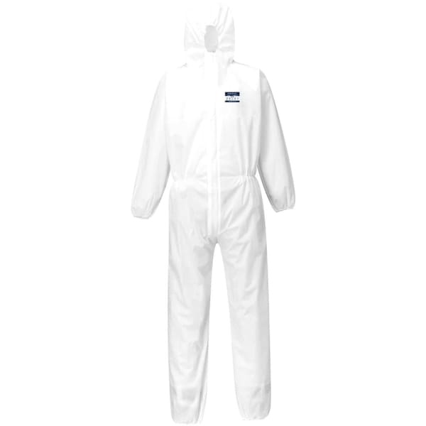 A white coverall suit with a hood, featuring an emblem on the chest, suitable for safety wear.