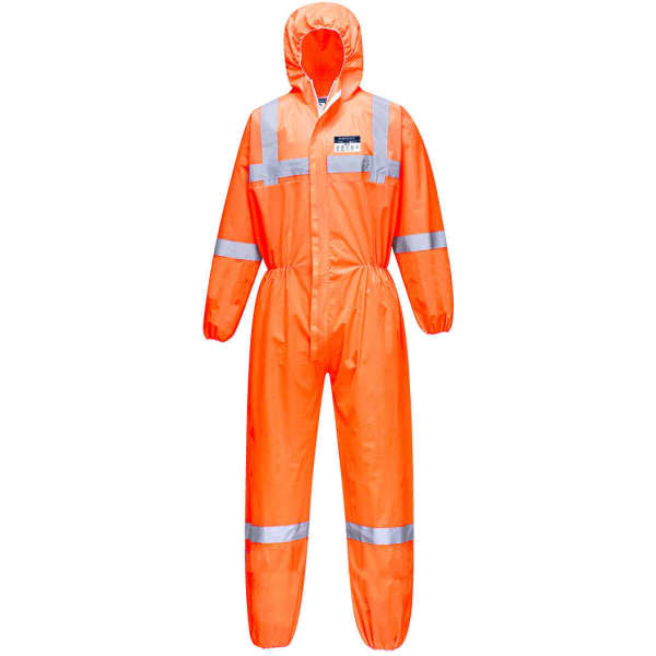 A bright orange coverall featuring reflective stripes and a hood, designed for safety wear. It has a logo on it.