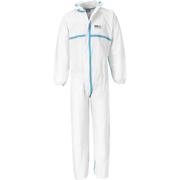 A white coverall with blue accents, featuring a hood and elastic cuffs, part of a pack of 50. It has a logo.