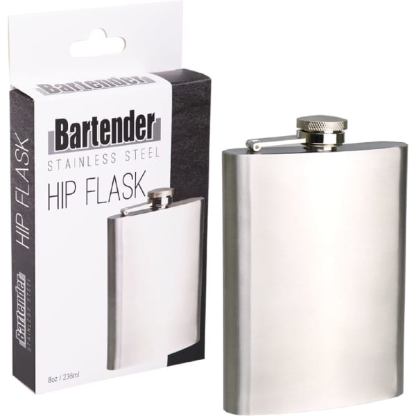 A stainless steel hip flask with a sleek design, featuring a silver finish and a secure screw cap. It has a branding logo.
