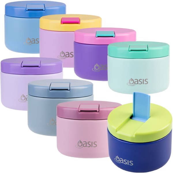 A set of insulated food flasks in various pastel colours, featuring a quick-release lid and a logo.