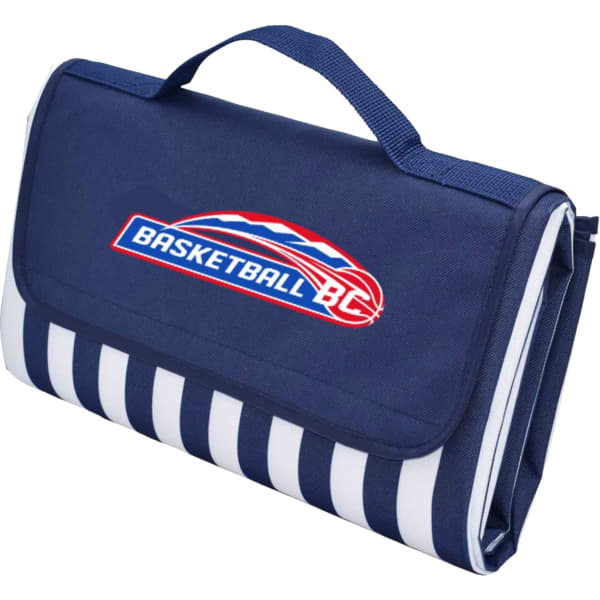 A navy picnic rug with a striped design and a branding logo, featuring a carry handle for easy transport.