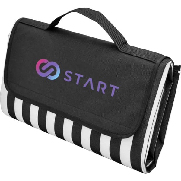 A black and white striped picnic rug featuring a carry handle and a logo on the front.