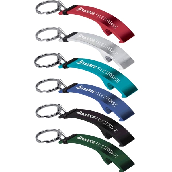 A drink bottle opener keyring available in red, silver, teal, black, and blue, featuring a logo.