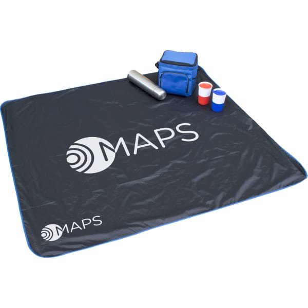 A black picnic mat with blue trim, a drink bottle, a blue cooler bag, and stacked cups in red and white.