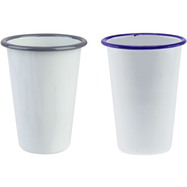 A drink tumbler featuring a white enamel finish with a black and blue rim. Two tumblers displayed side by side.