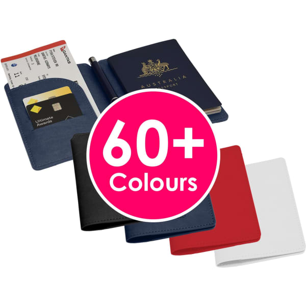 A passport wallet in multiple colours, including blue, black, red, and white, with a card slot and a logo.