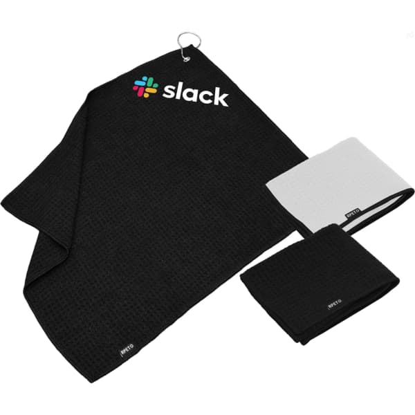 A set of black and white golf towels, featuring a logo, with one towel displaying a textured pattern and a clip.