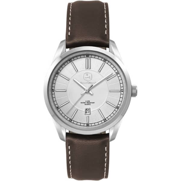 A silver ladies casual dress watch with a brown leather strap and a minimalist face design. It features a logo.