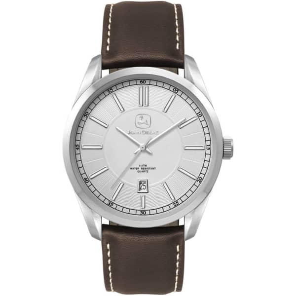 A men's casual dress watch featuring a silver dial, stainless steel case, and brown leather strap. The watch has a logo.