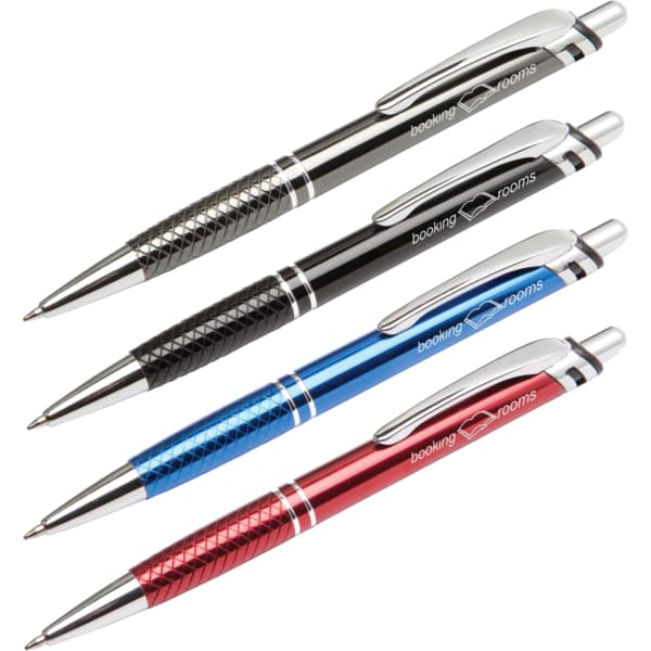 A set of four metal pens in black, blue, red, and silver, featuring textured grips and a logo.