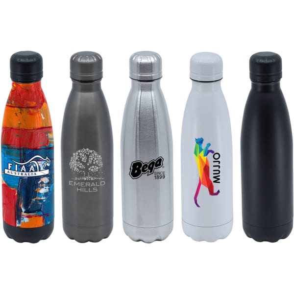 A drink bottle collection featuring five vacuum flasks in various colours, including painted, silver, and black finishes.