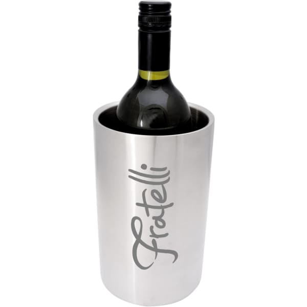 A drink bottle chiller in silver featuring a sleek design and a logo on the front.
