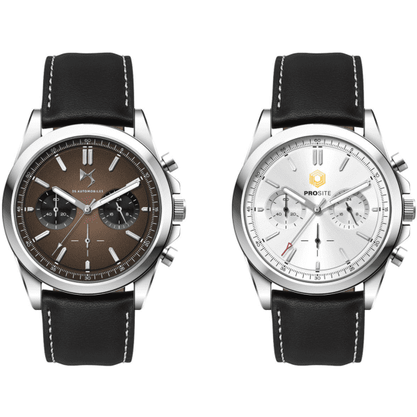 A unisex watch featuring a brown dial and black leather strap alongside a silver dial and leather strap watch.
