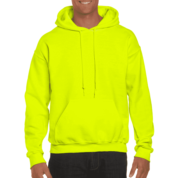 A vibrant neon yellow hooded sweatshirt with a front pocket and an adjustable drawstring hood.