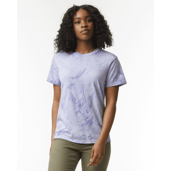 A lightweight, lavender T-shirt with a textured pattern, featuring a crew neckline and short sleeves.