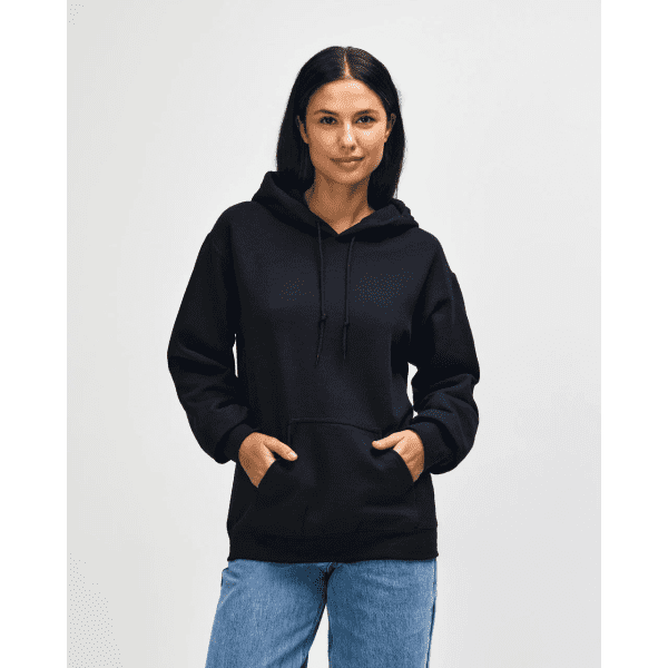 A black Gildan Heavy Blend adult hooded sweatshirt displayed on a model, featuring a front pocket and a relaxed fit.
