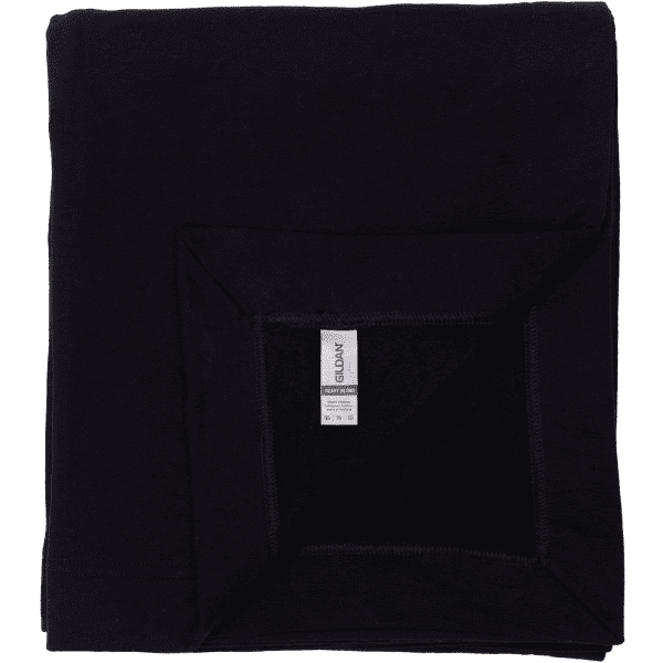A black heavy blend stadium blanket folded with a tag visible in the corner. Features a simple design with a logo.