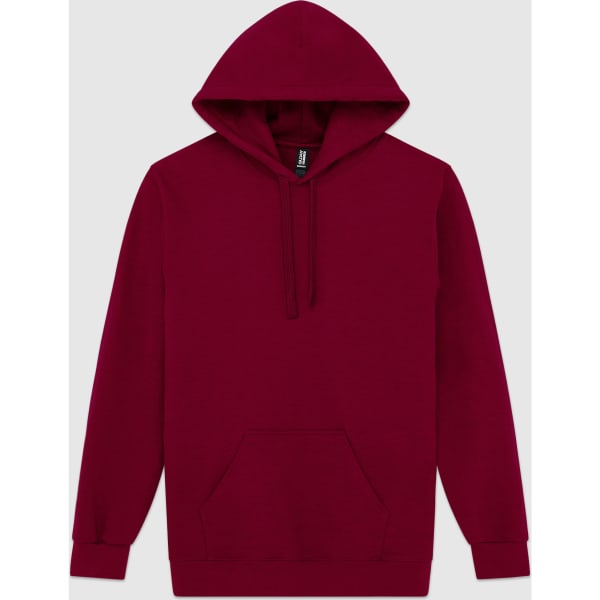 A maroon hoodie featuring a front pocket and a drawstring hood. The garment has a logo on the label.