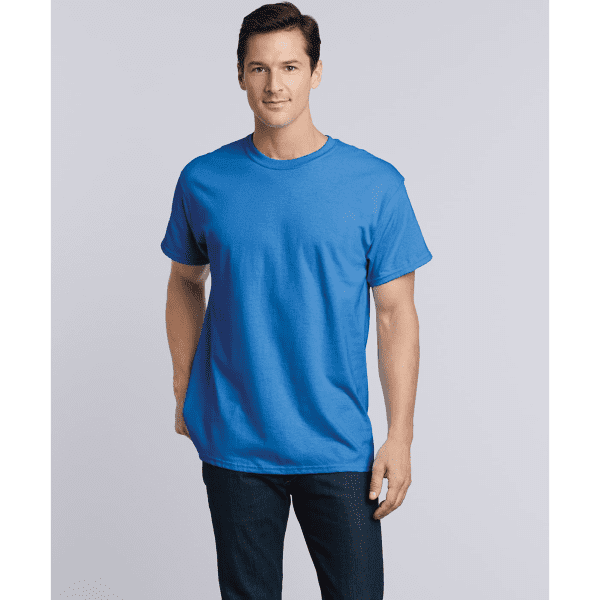 A blue Ultra Cotton adult T-shirt on a male model, featuring a simple design and a logo.