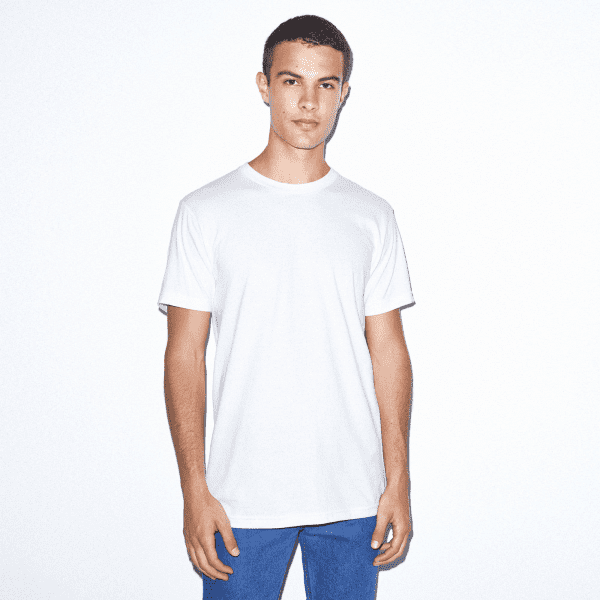 A plain white unisex t-shirt displayed on a model, featuring a simple design and short sleeves.