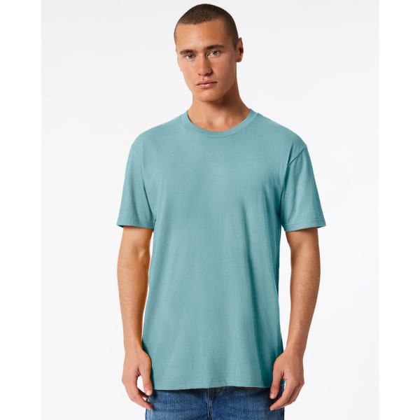 A unisex CVC short sleeve t-shirt in teal, featuring a simple design and a branding logo.