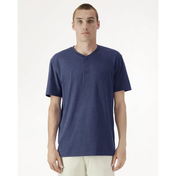 A navy blue unisex Henley T-shirt with short sleeves and a three-button placket. It features a logo.