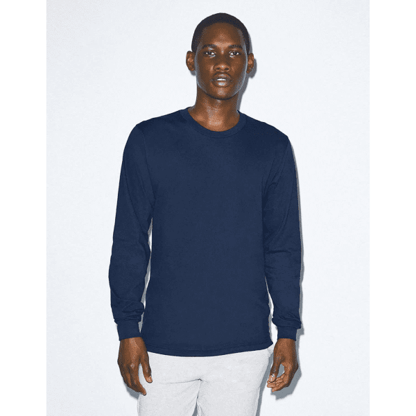 A navy long sleeve fine jersey T-shirt is displayed on a model, featuring a branded logo.