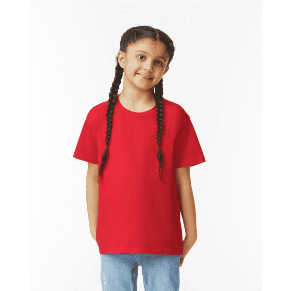 A red youth short sleeve T-shirt displayed on a child with braided hair, featuring a simple design and relaxed fit.