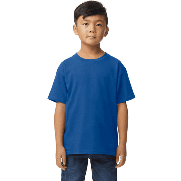 A midweight youth T-shirt in vibrant blue, featuring a simple design and a logo on the front.