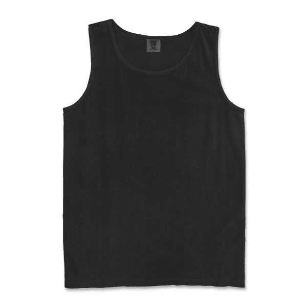 A black adult tank top with a round neckline and a logo on the label.