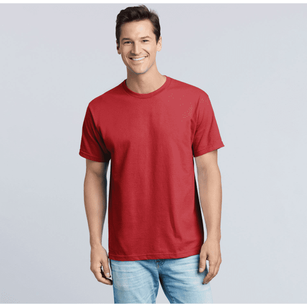 A red adult T-shirt featured on a model, showcasing a casual style with a logo on it.