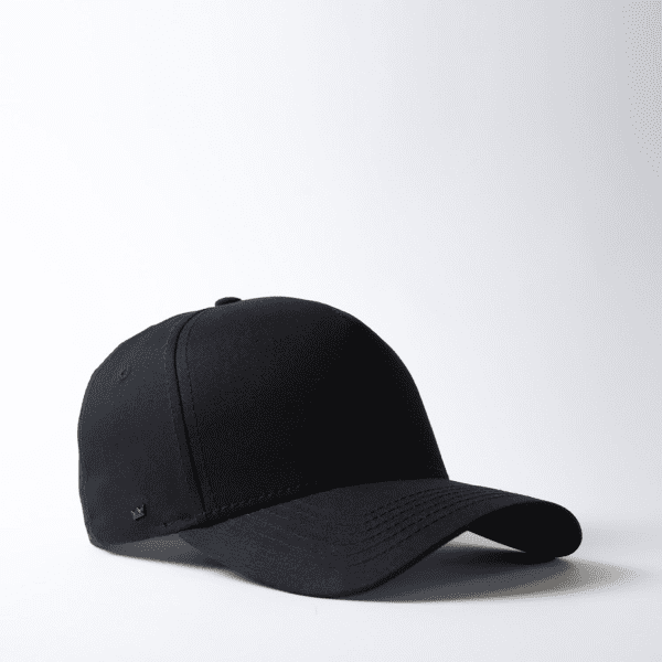 A black 5-panel snapback cap with a logo, featuring a curved brim and a structured fit.