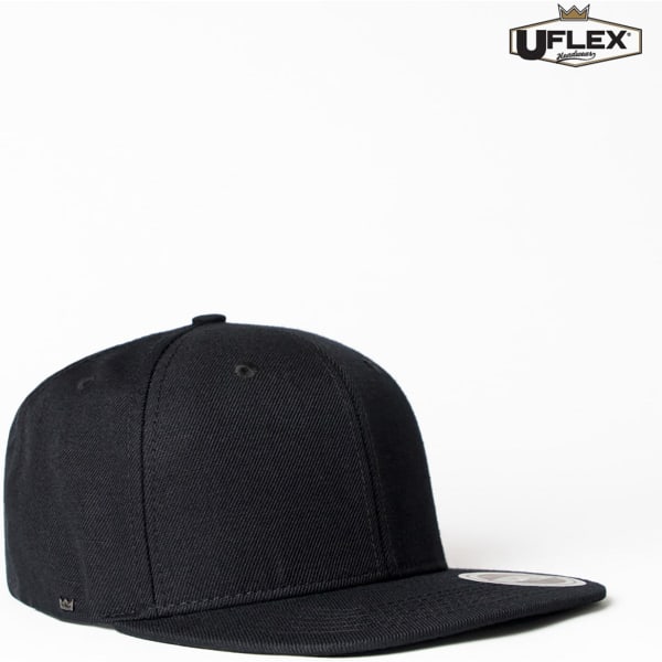 A black snapback cap with a structured crown, featuring a logo on the side.