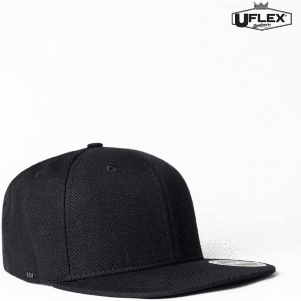 A black snapback cap with a flat brim, featuring a logo. The cap has a structured design for a modern look.