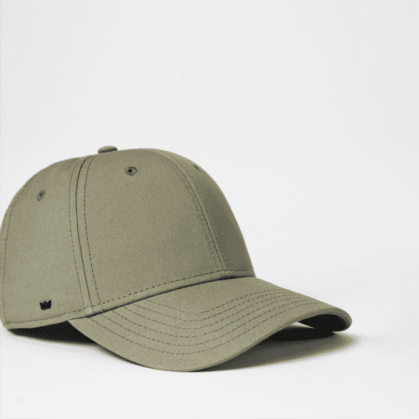 A green 6-panel recycled cotton baseball cap with a logo on the side, featuring a curved brim and structured design.
