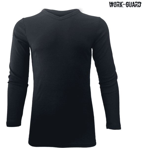 A black longsleeve V-neck thermal work shirt featuring a simple design and a logo.