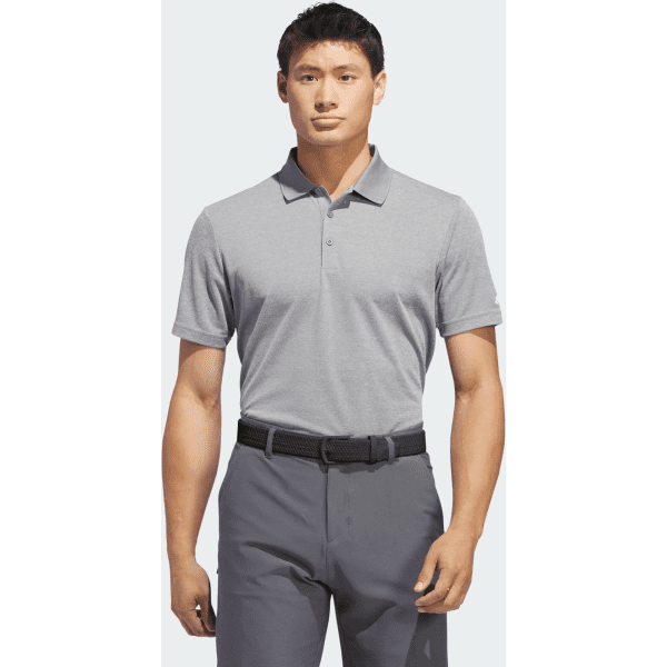 A grey men's polo shirt with a collar and short sleeves, featuring a logo on the chest.