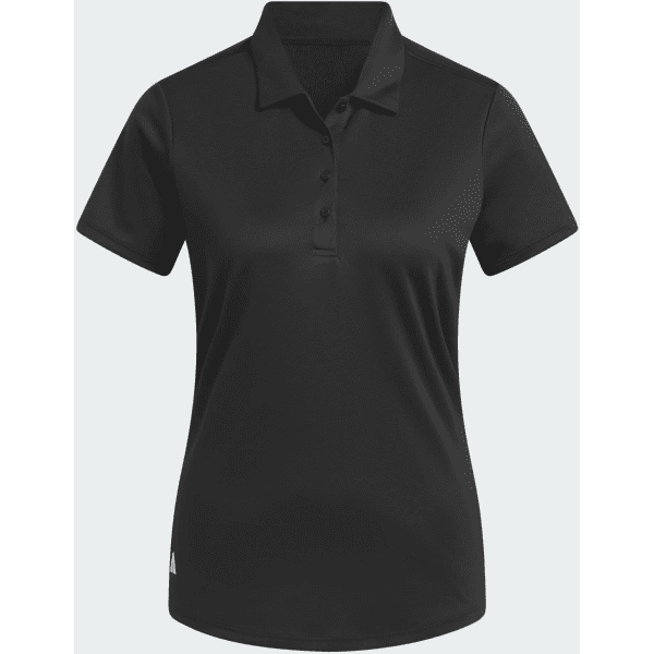A black ladies' polo shirt with a classic collar and buttons, featuring a logo.