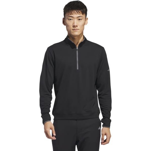 A black lightweight quarter zip pullover for men, featuring a logo and a stand-up collar design.