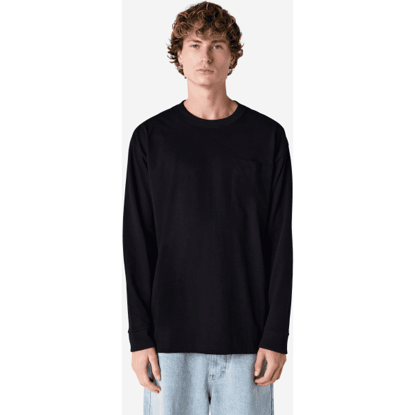 A black long sleeve T-shirt with a pocket, featuring a standard fit and crew neckline.